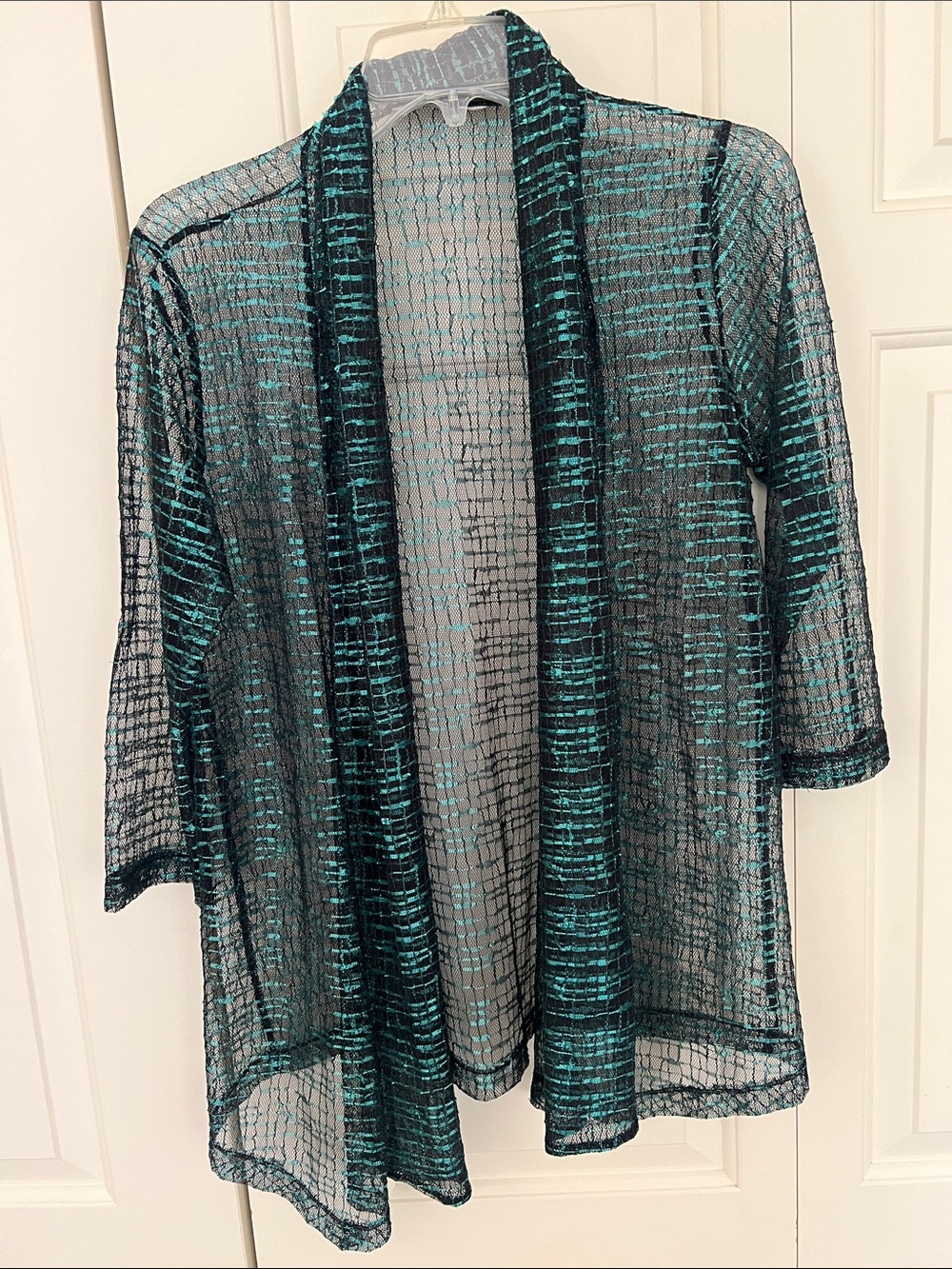 Sheer Open Front Kimono Cardigan in Black and Teal
